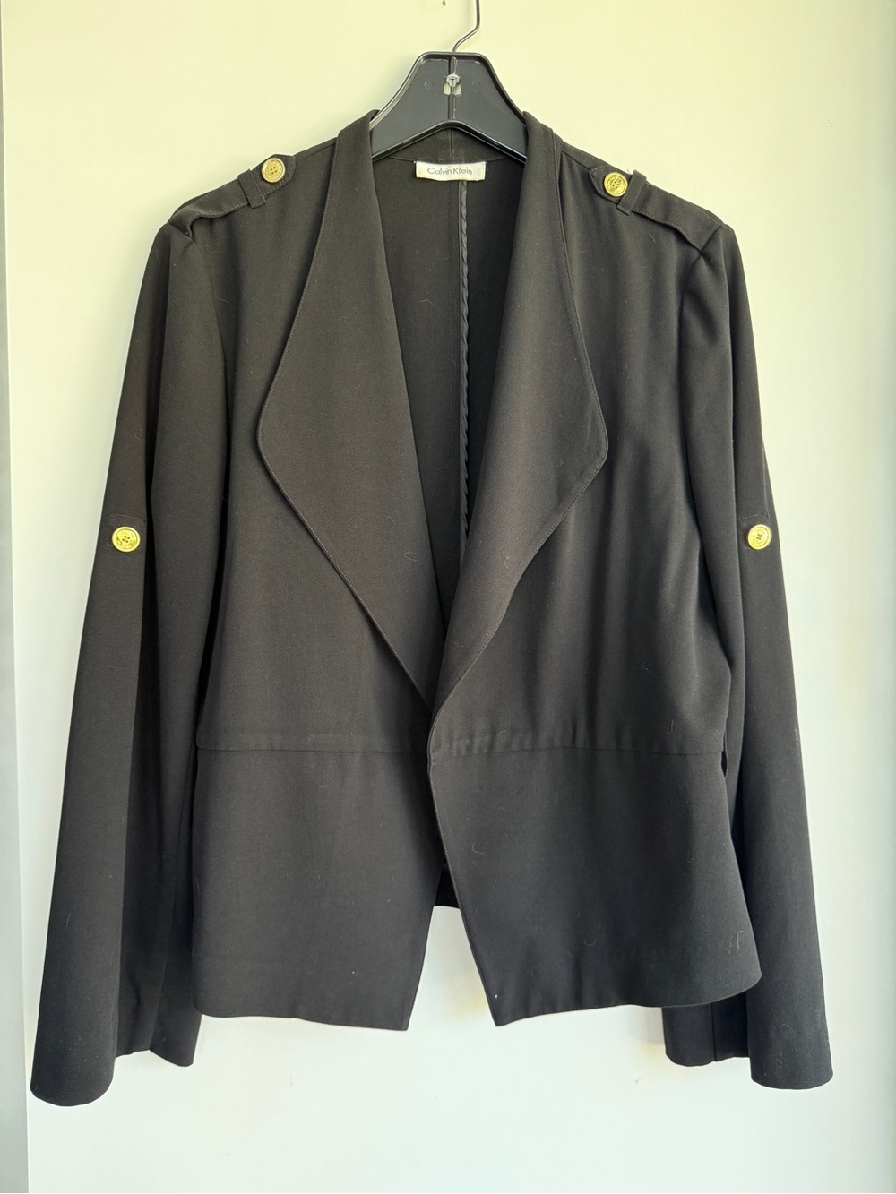 Calvin Klein Black Open-Front Blazer with Roll-up Sleeves, Size L
